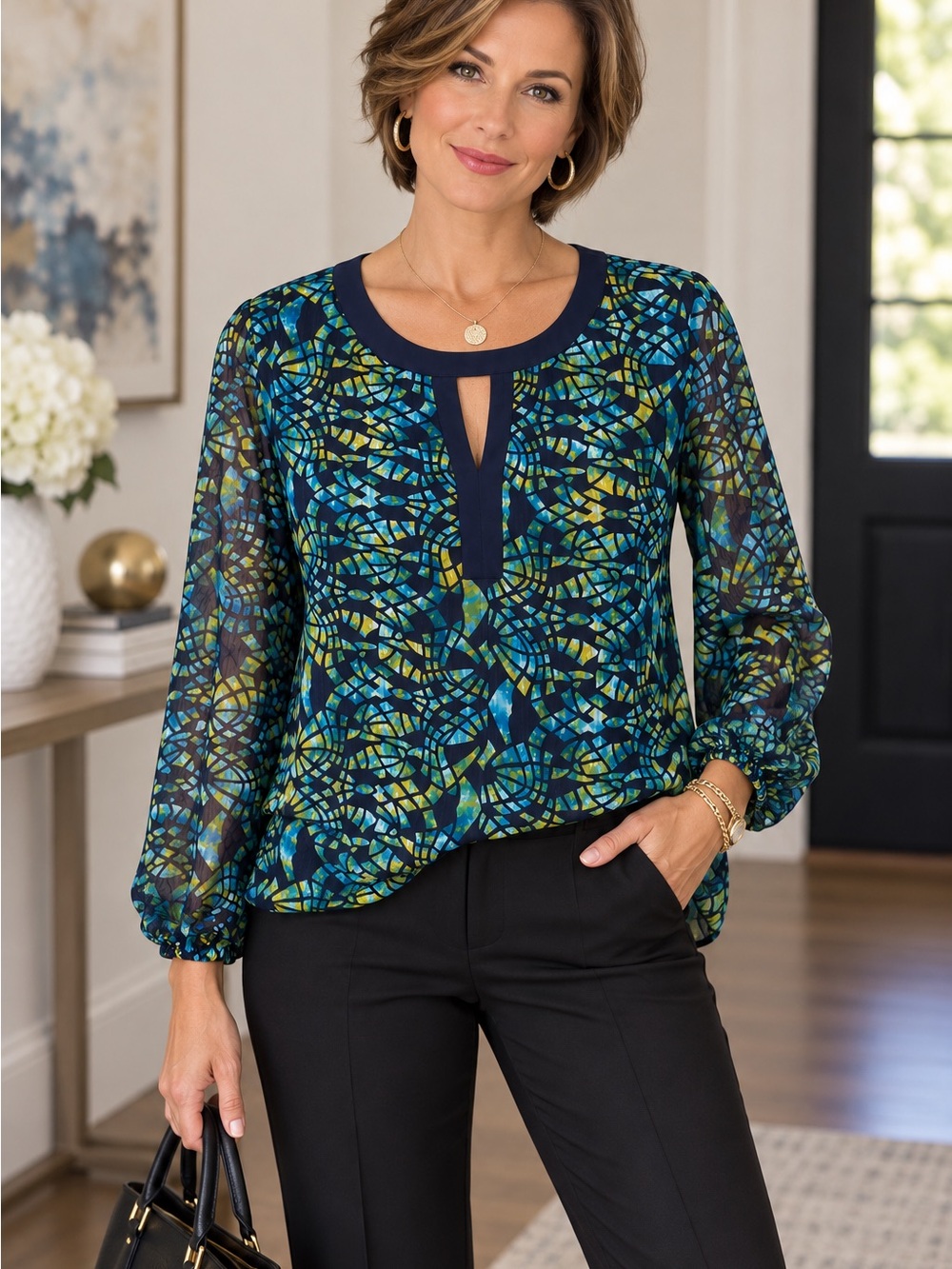 Susan Graver Navy Blue Mosaic Keyhole Blouse XL